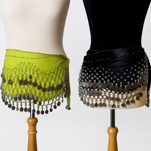 Lot of 2 Belly Dance Hip Scarves Velvet Black Lime Green Coin Fringe Wrap Skirt